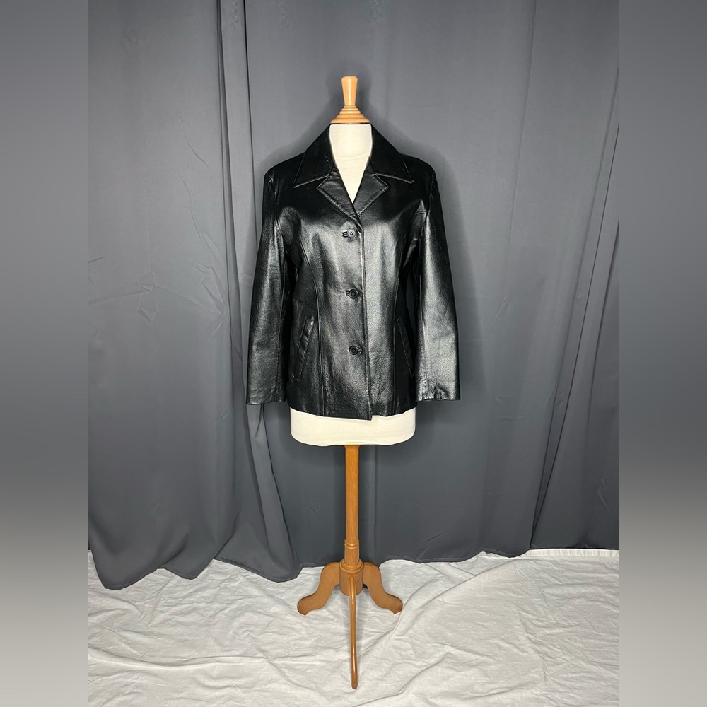 Vintage Women's Size S Black Auric Genuine Leather‎ Button Up Jacket.